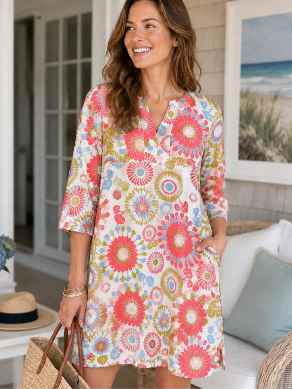 Boden Floral Linen Tunic Dress Pink Blue Green Print 3/4 Sleeve Size M